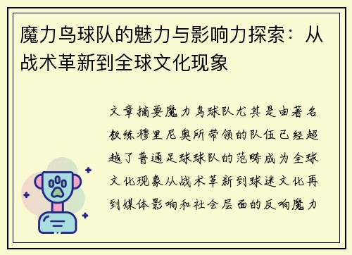 魔力鸟球队的魅力与影响力探索：从战术革新到全球文化现象