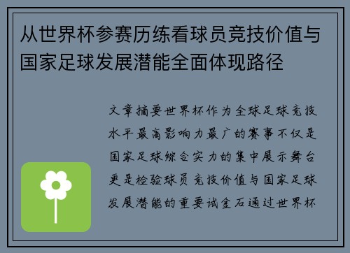 从世界杯参赛历练看球员竞技价值与国家足球发展潜能全面体现路径